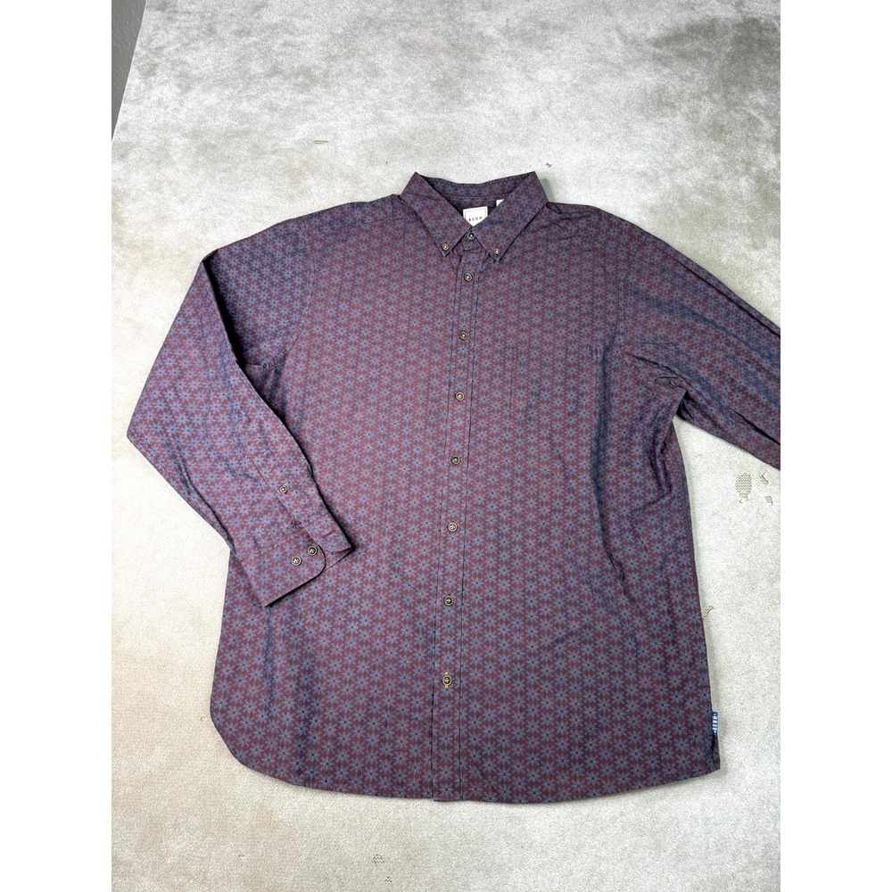 Rowm Shirt Mens 2XT Maroon Blue Geometric Print Cotton Pleated Button Down
